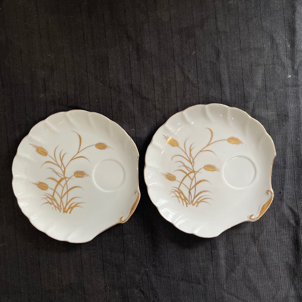 Lefton‎ China Golden Wheat Snack Plates Set of 2 Scalloped Gold Trim Japan MCM